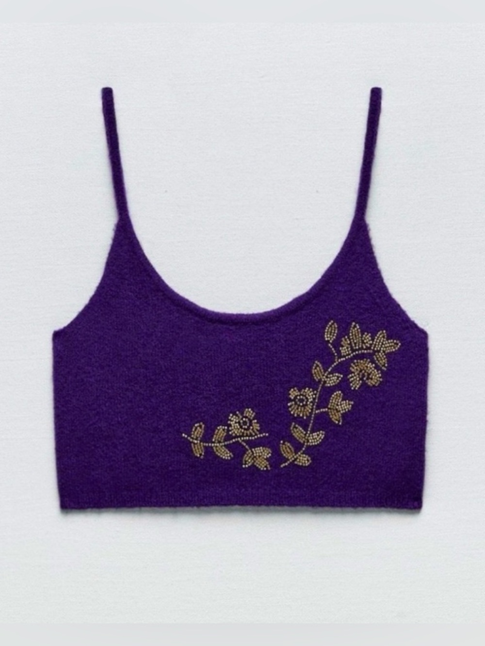 Zara Purple Knit Crop Tank Top with Floral Beading in Front purple lavender Sz M